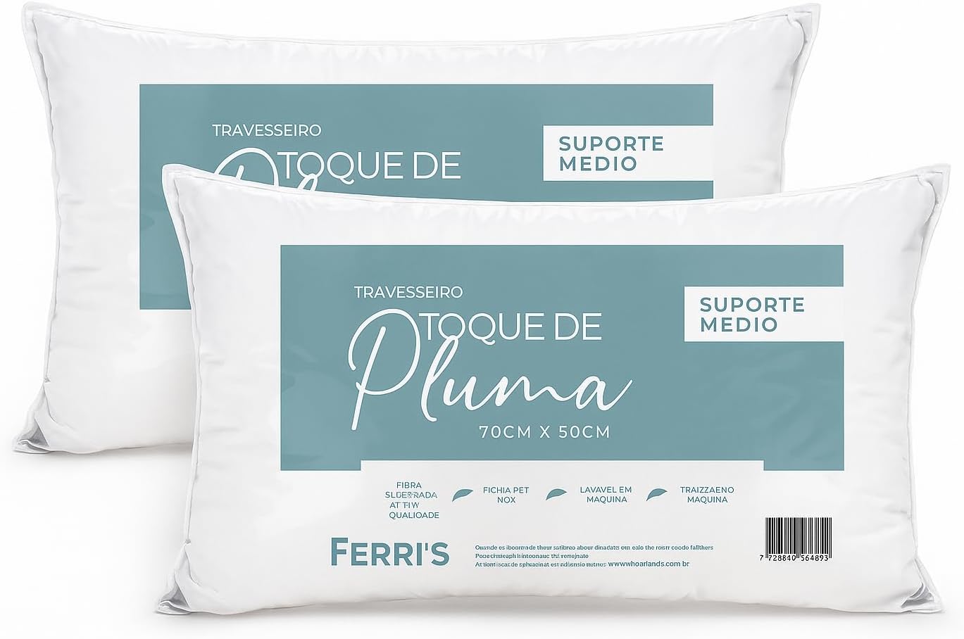 Kit 2 Travesseiros Toque de Pluma 50x70cm, Percal 180 Fios, Antialérgico, Antiácaro, Lavável, Ultra Macios e Confortáveis, Ideais para Sono Reparador e Decoração Elegante - Cor Branco