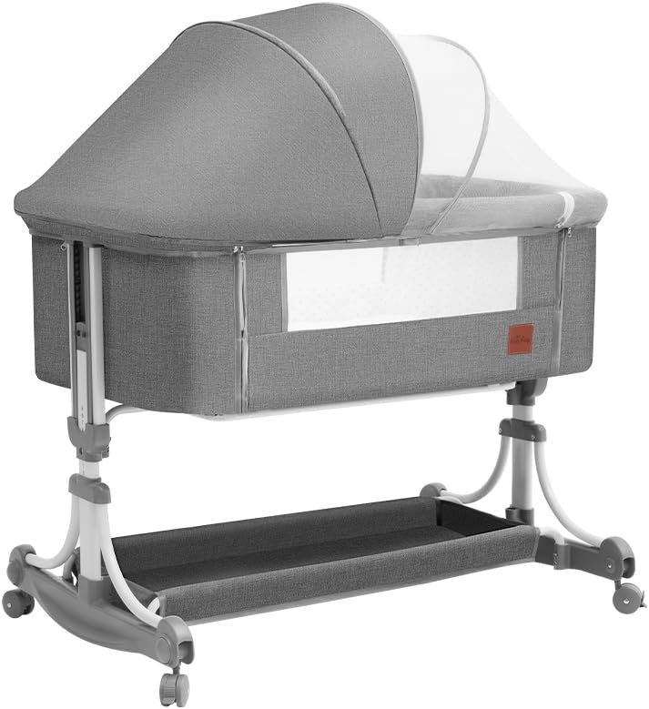 Berço De Balanço Para Bebês, Colchão, Mosquiteiro, Cesto de Armazenamento, Suporta até 50kg, Ergonômico, Tubo De Ferro, Fibra De Poliéster, Cinza.