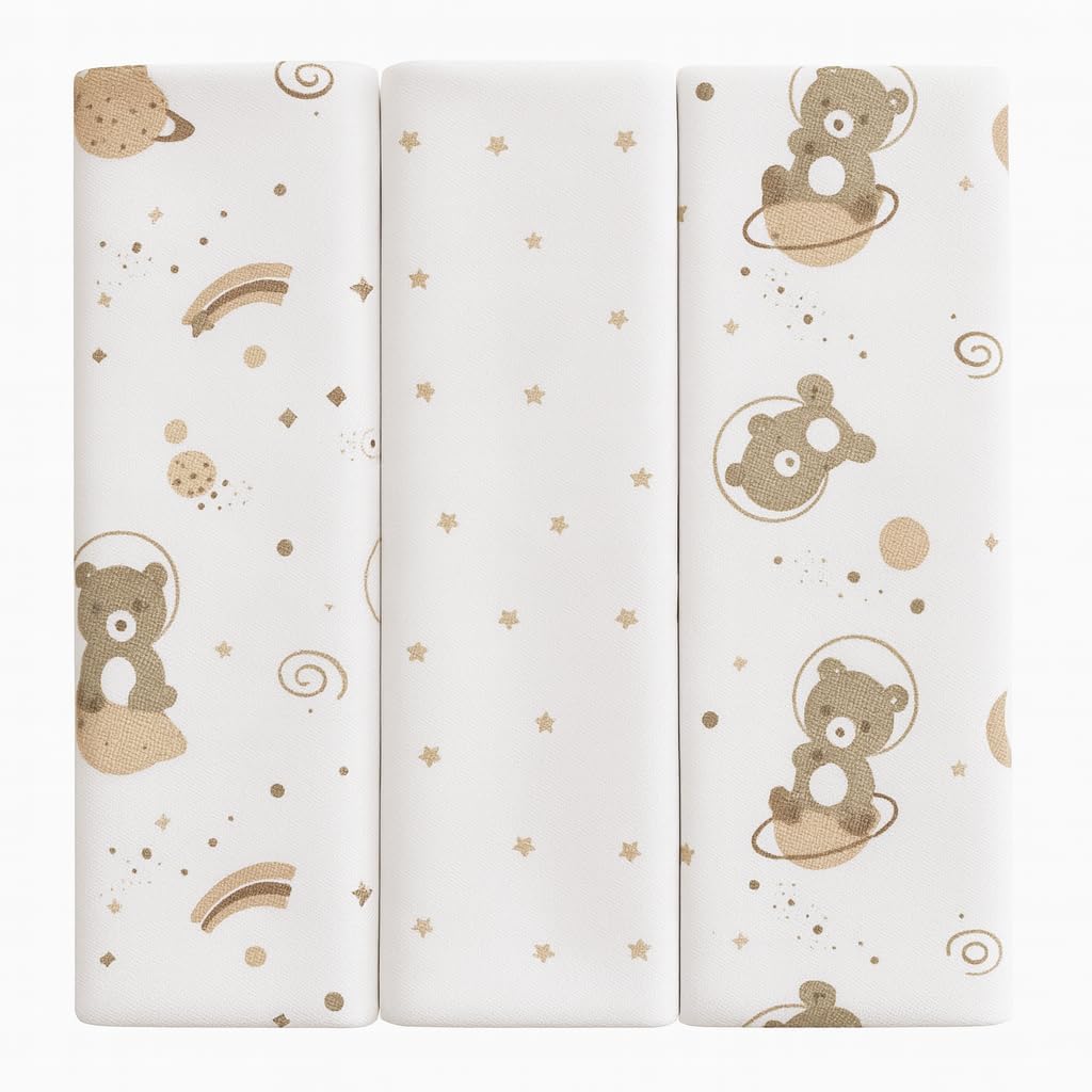 Kit 3 Cueiros Bebê 100% Algodão 80x50cm – Macio, Confortável, Estampado – Ideal Para Recém-Nascido, Enxoval e Presente Infantil (Branco/Bege)
